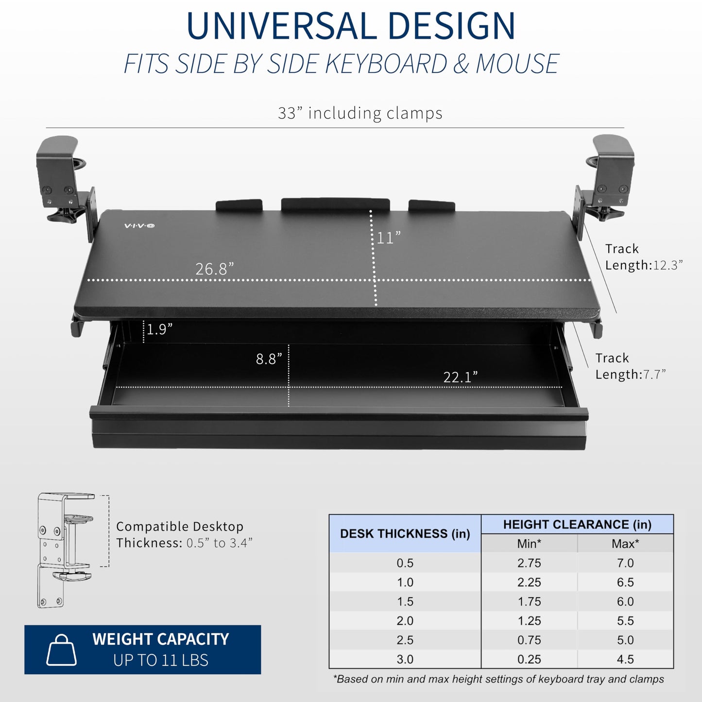 VIVO Large Height Adjustable Clamp-on Keyboard Tray, Extra Sturdy Pull Out Platform with Storage Drawer, 27 (33 Including Clamps) x 11 inch Slide-Out Tray with Organizer, Black, MOUNT-KB05HB-DR