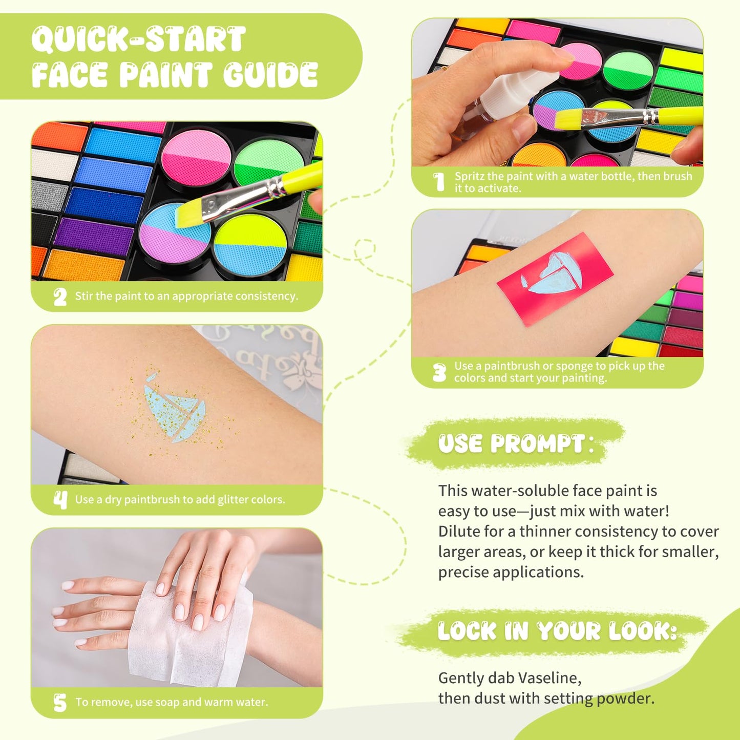 44 Color Face Painting Kit for Kids - Non Toxic Water Activated Face Paint Palette with Stencils, Brushes, Gems & Glitter. Halloween, Carnival, Party; Costume Makeup for Creative Activities