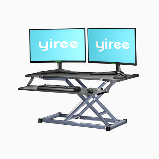 32" Electric Standing Desk Converter,Height Adjustable Riser, Ergonomic Sit-Stand Lift with Wide Dual Monitor Platform and Synchronous Moving Keyboard Tray, 60 lb Capacity - Black