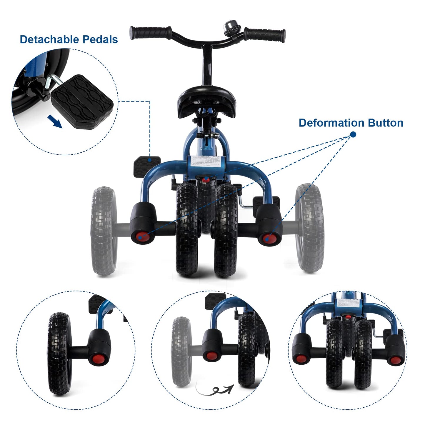 XPIY Tricycle for Toddlers Age 2-5 Years Old, 3 in 1 Folding Toddler Bike for Boys and Girls, Kids' Bike Trike with Detachable Pedal and Adjustable Seat (Blue)