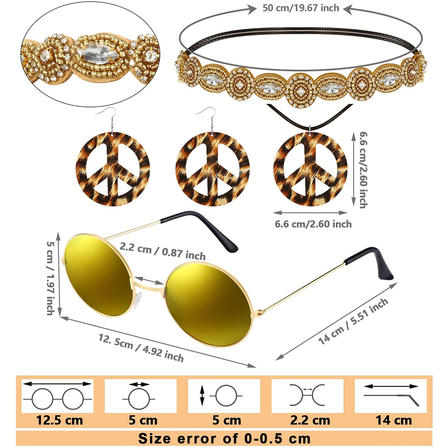 6 Pcs 60s 70s Outfits for Women Hippie Costume Set Peace Sign Earring Headband Fringe Vest Tassel Cardigan (Black,X-Large)