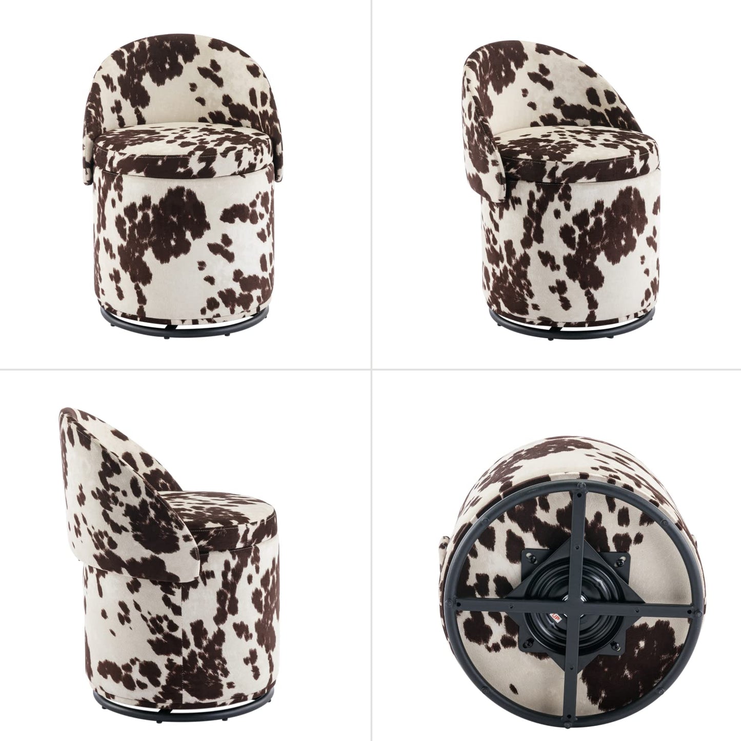 Ya-Home Modern Swivel Ottoman Vanity Chair, Linen Upholstered Barrel Club 360°Degree Swivel Side Stool with Storage, Comfy Makeup Stool for Bedroom Living Room, Milk Cow