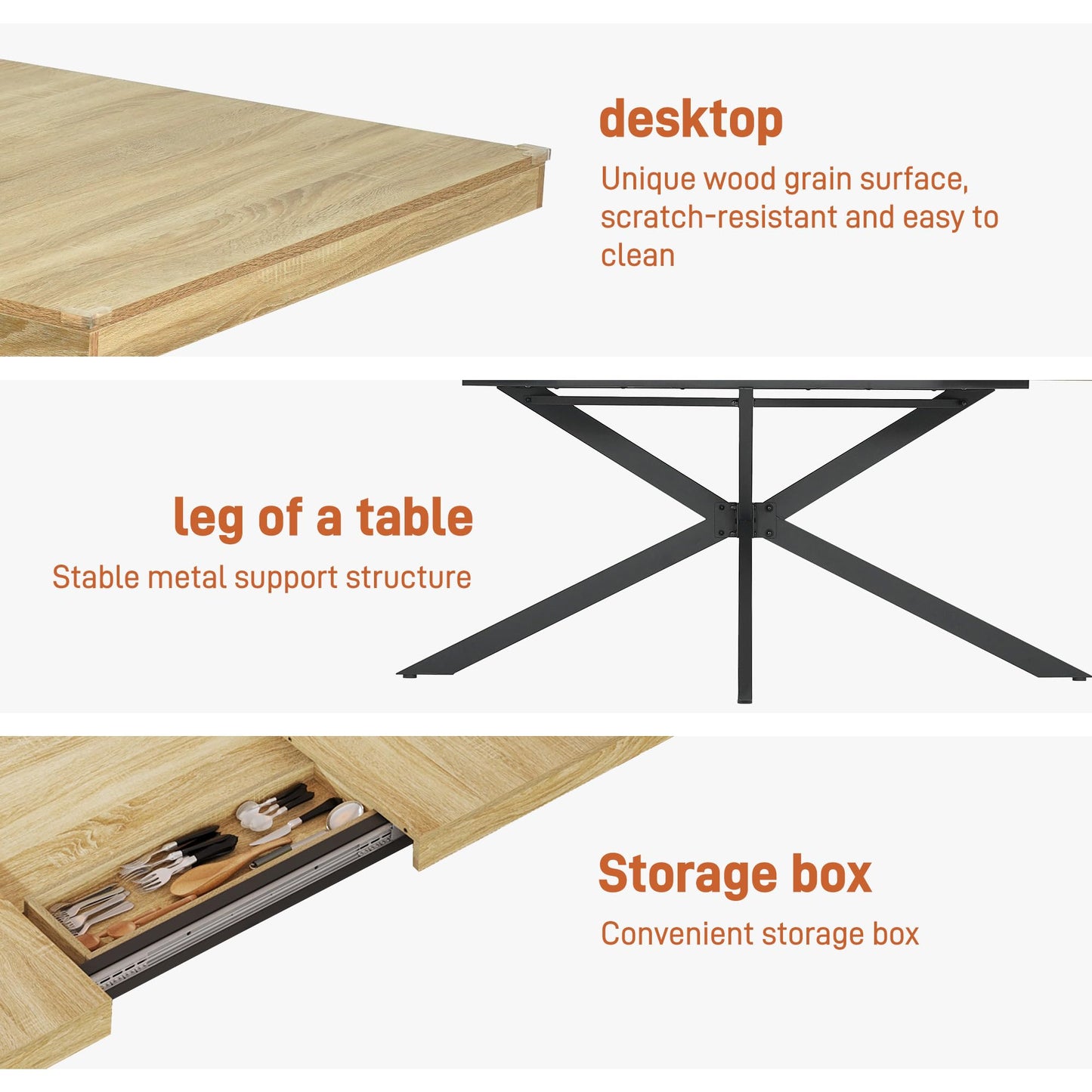 59In-78Inch Extendable Rectangular Dining Table for 6 8 People, Wood Long Dining Room Table W/Removable Leaves,Space Saving,Modern Dinner Table W/Waterproof Tabletop&Metal Legs for Kitchen Living Room