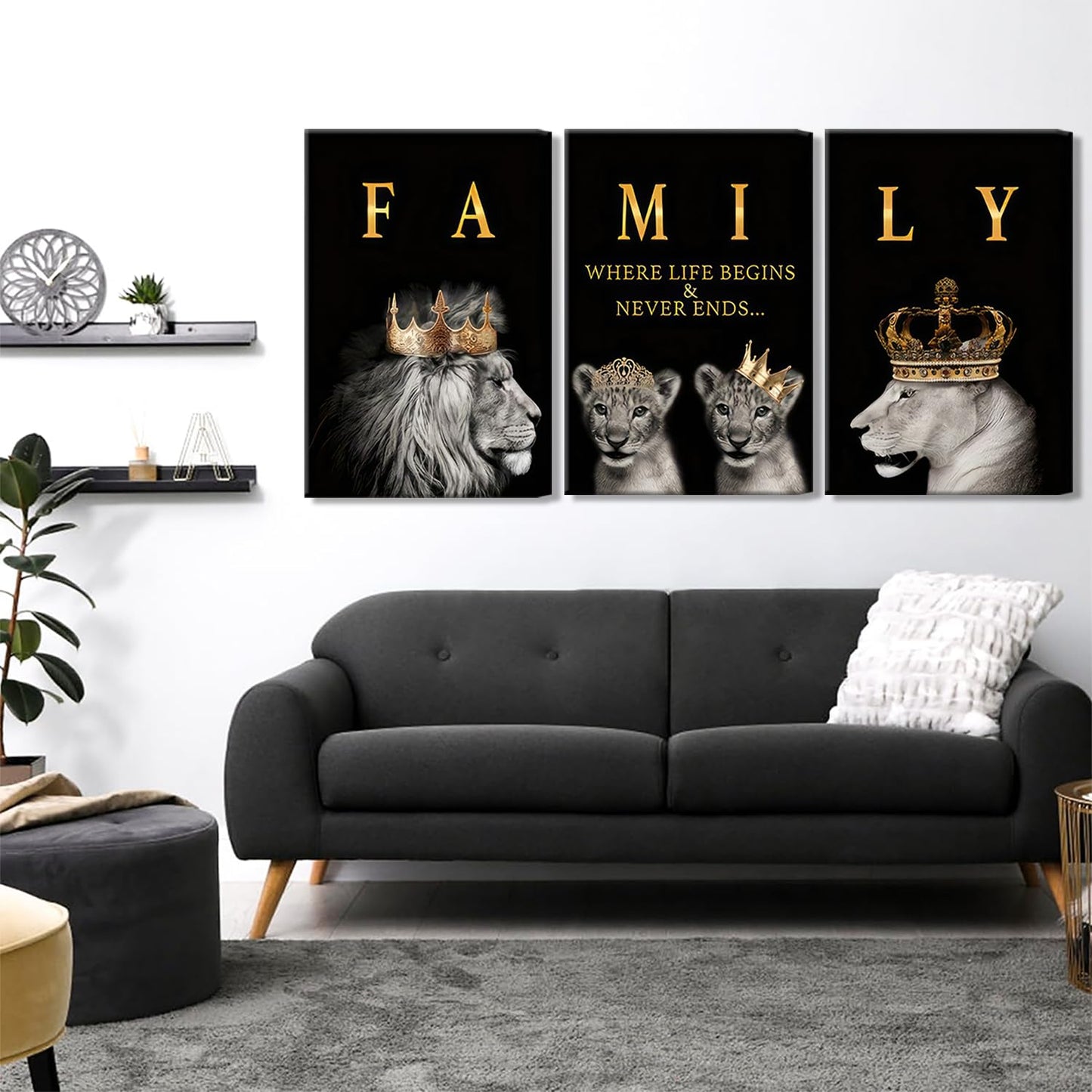 3Pcs Framed Lion Family Canvas Wall Art The Lion King and Queen with Gold Crown Poster Modern Motivational Black and White Animal Wall Decor Painting for Home Bedroom Living Room Office decoration