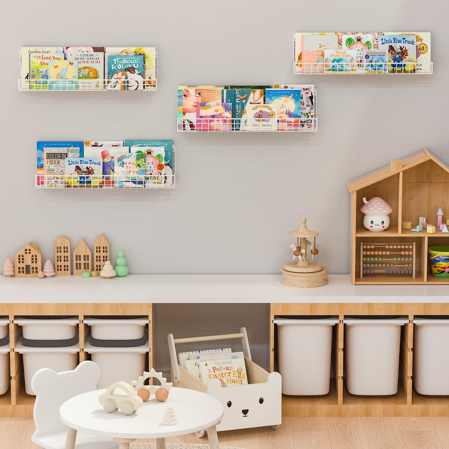 X-cosrack 24 Inch Wall Mounted Kids Bookshelf, Floating Metal Book Shelves for Kids Nursery Toddler Classroom, Hanging Book Shelf Organizer for Room Decor, White, Set of 4