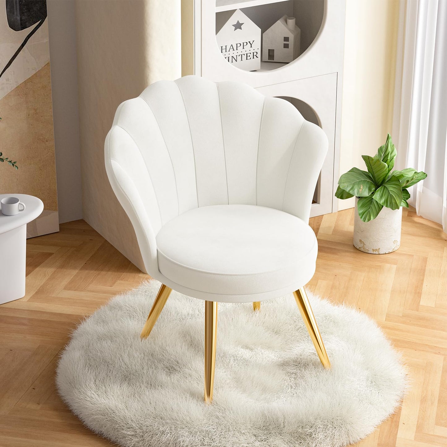 Aivermeil Velvet Accent Chair with Gold Metal Legs, Vanity Chair for Makeup Room, Upholstered Guest Chair for Living Room, for Bedroom, White