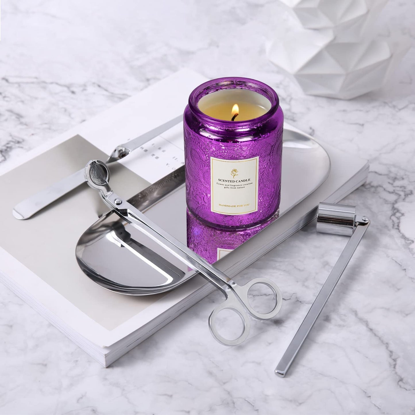 8.8oz Embossed Blinking Glass Candle Container, 9 Pack Electroplated Shining Candle Jar with Embossed Lid for Candle Making DIY Craft (Purple Embossed)
