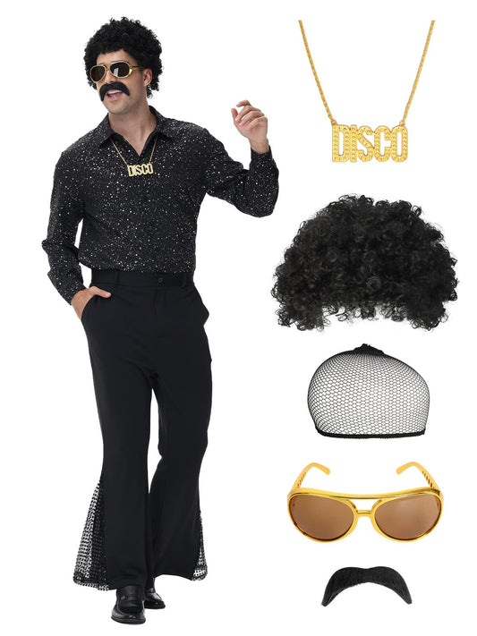 70s Outfits for Men, 7Pcs Mens Disco Costume Retro Shirt Bell Bottom Pants Wig Sunglasses Necklace Wig Cap for Disco Party