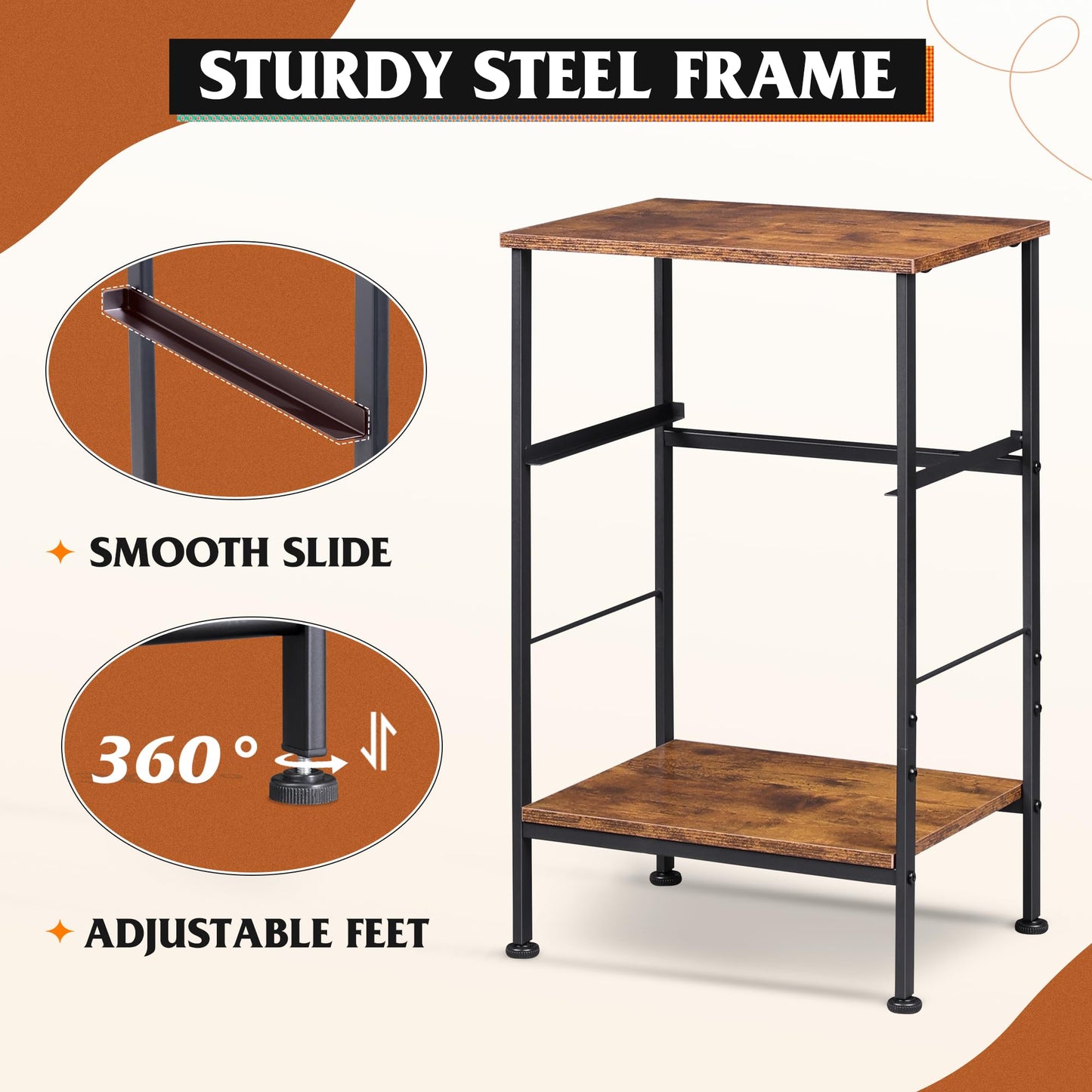 WLIVE Nightstand Set of 2, End Table with Fabric Storage Drawer and Open Wood Shelf, Bedside Furniture with Steel Frame, Side Table for Bedroom, Dorm, Rustic Brown Wood Grain Print, 25.03" Height