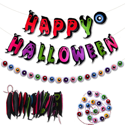 2Pcs Felt Halloween Banner Decorations, Pre-Strung Happy Halloween Garland with Eyeballs, Reusable Halloween Party Decorations for Mantle Wall Mantel Fireplace Home Indoor Outdoor Décor