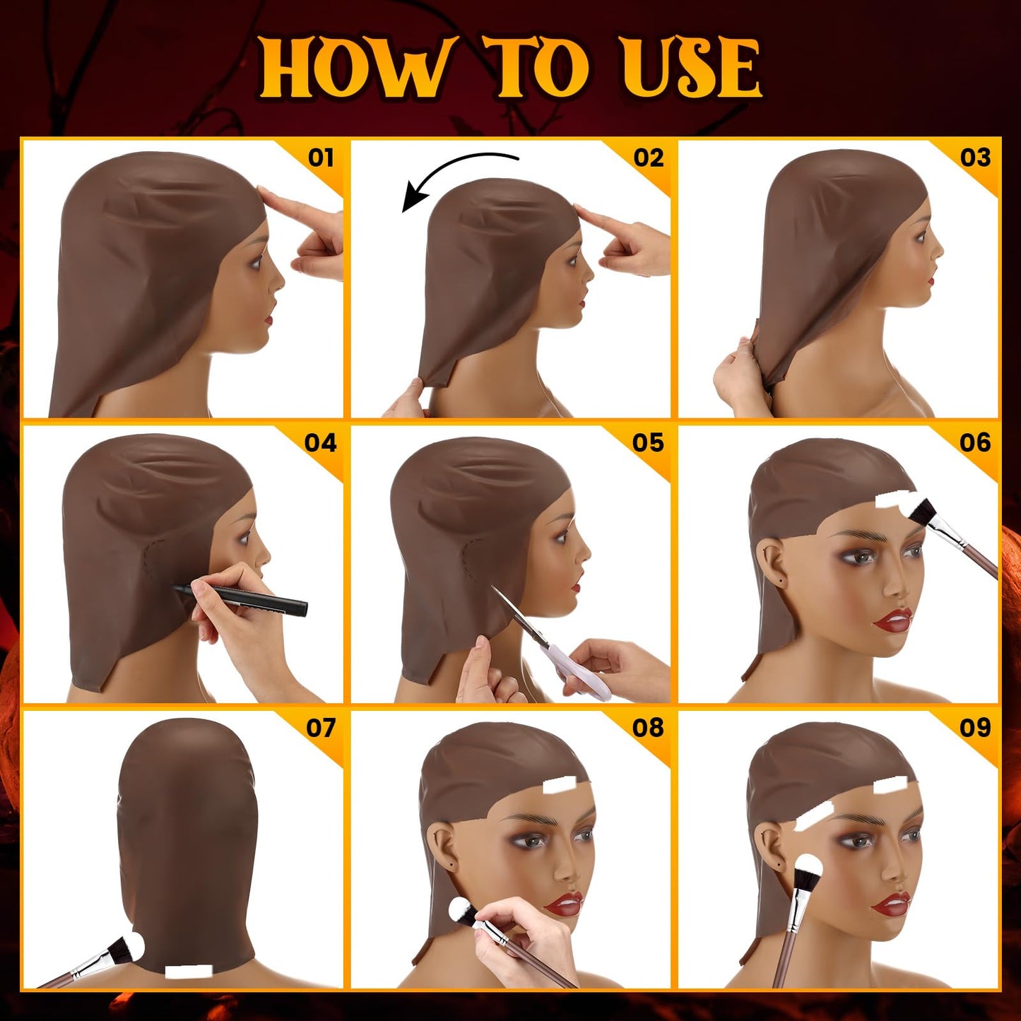 WILLBOND 4 Pcs Halloween Bald Caps Makeup Latex Bald Caps Head Wig hat Costume Accessories for Adults(Dark Brown,Classic Style)
