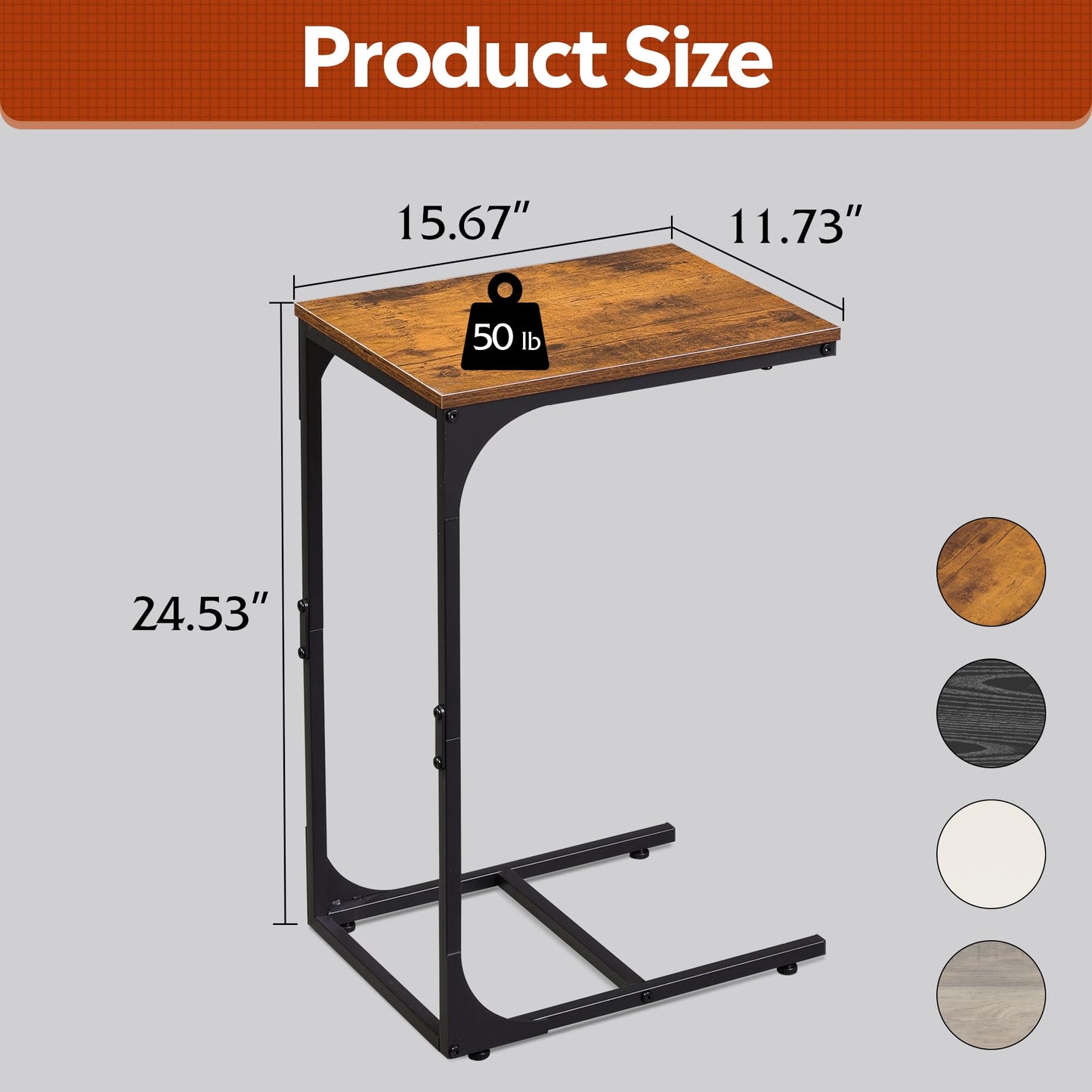 WLIVE C Shaped End Table, Small Couch Side Tables with Metal Frame That Slide Under, Sofa Table TV Tray for Living Room, Bedroom, Rustic Brown