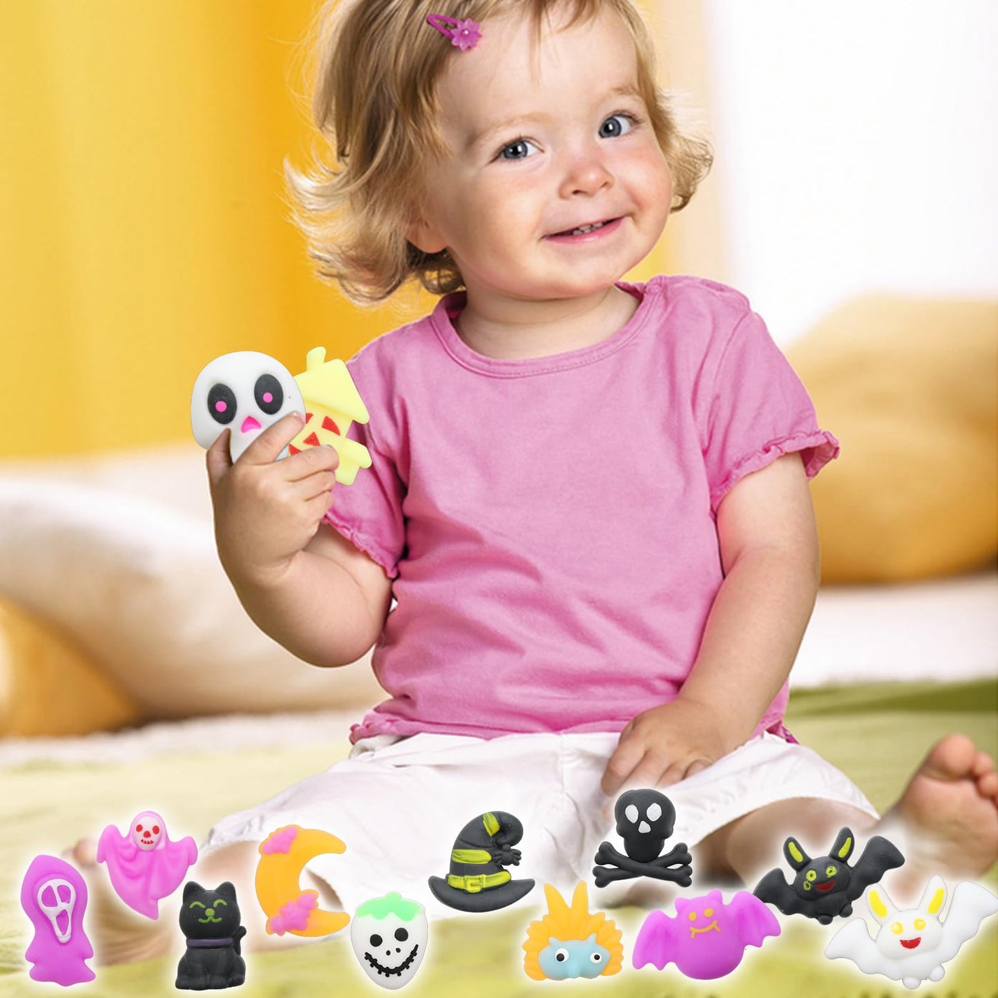 50 Pcs Halloween Mochi Squishy Toy Party Favors ,Mini Squishies Cute Squeeze Toy Stress Reliever Anxiety Packs for Boys and Girls