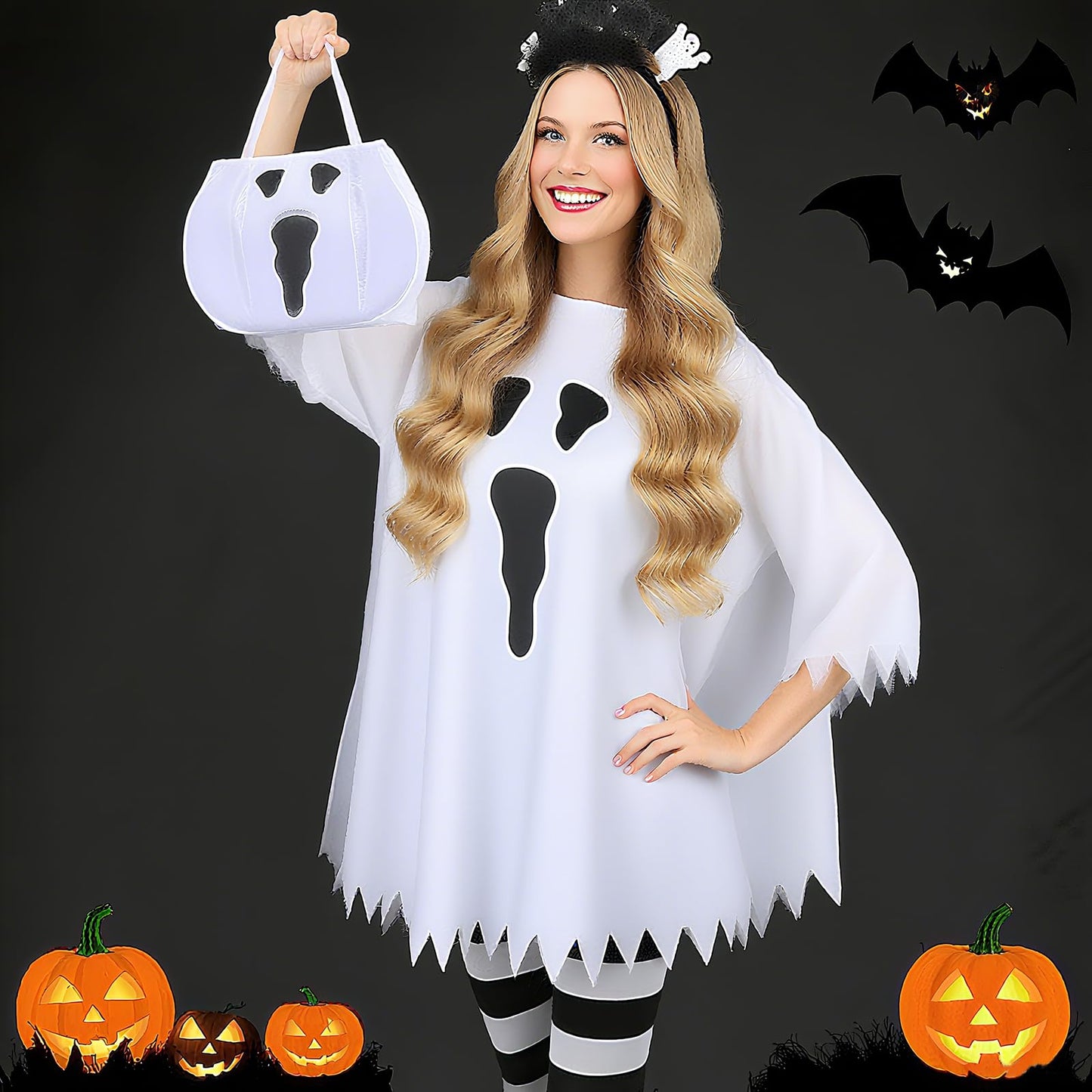 5 PCS Halloween Costume Set for Women Adult Ghost Costume, Poncho, Candy bag, Ghost Headband and Nylon Striped Tights for Halloween Cosplay Party
