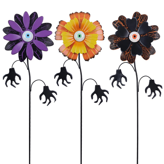 YEAHOME Halloween Decorations Outdoor, Set of 3 Metal Flowers Garden Stakes with Scary Eyeball for Halloween Decor, Metal Yard Signs for Outside Garden Lawn Porch Patio Party Decorations