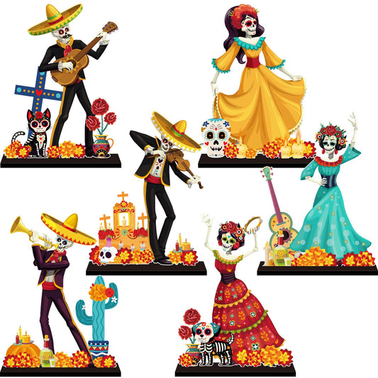 6Pcs Dia De Los Muertos Decorations Wooden Table Centerpiece Day of the Dead Decorations Dancing Couple Sugar Skull Table Topper Photo Props for Mexican Day of The Dead Party Tiered Tray Decor