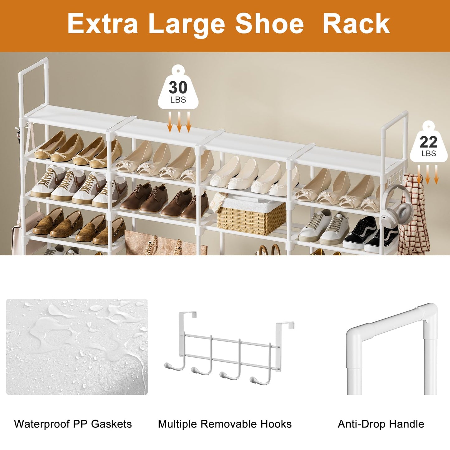 WOWLIVE 4 Row 10 Tiers Extra Large Shoe Rack 72-80 Pairs Big Tall Metal Shoe Shelf, Heavy Duty Organizer for Closet Entryway, Boot Rack Storage Stackable Stand for Garage White