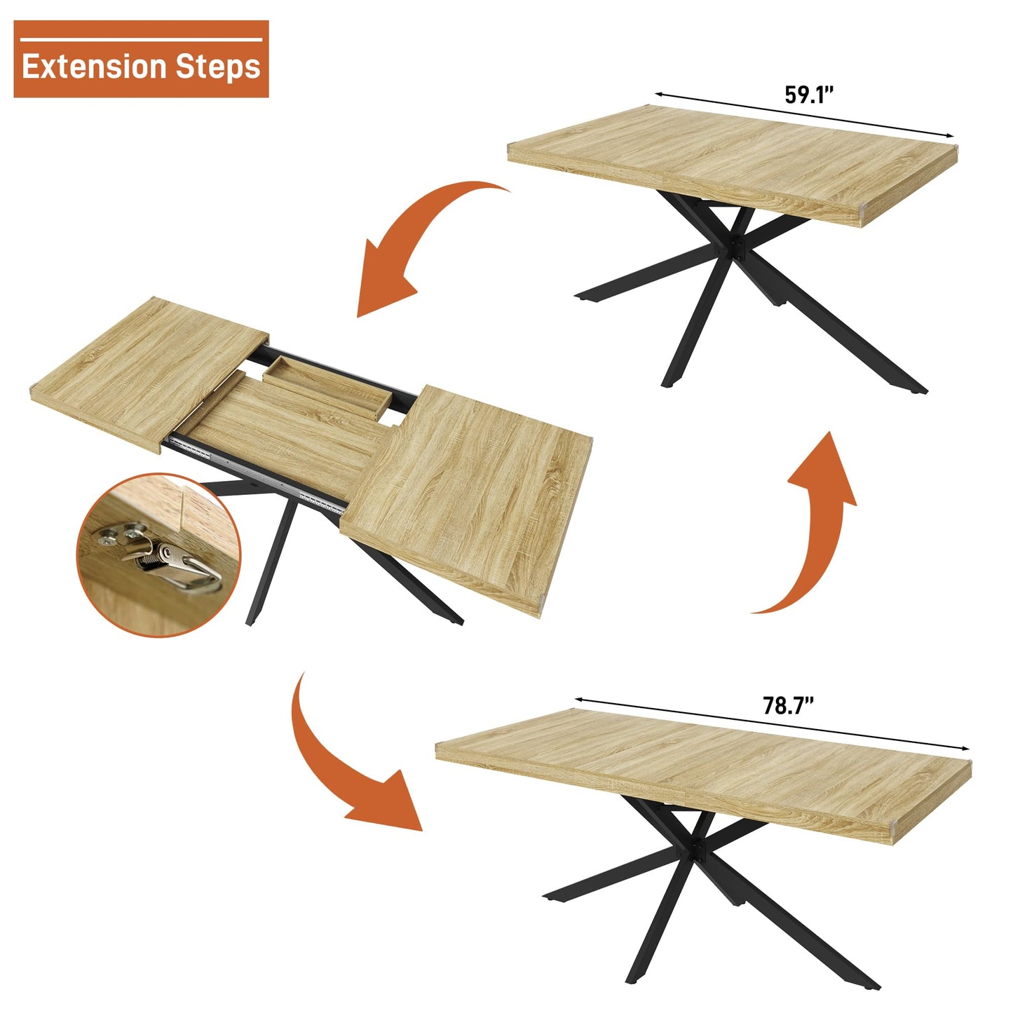 59In-78Inch Extendable Rectangular Dining Table for 6 8 People, Wood Long Dining Room Table W/Removable Leaves,Space Saving,Modern Dinner Table W/Waterproof Tabletop&Metal Legs for Kitchen Living Room