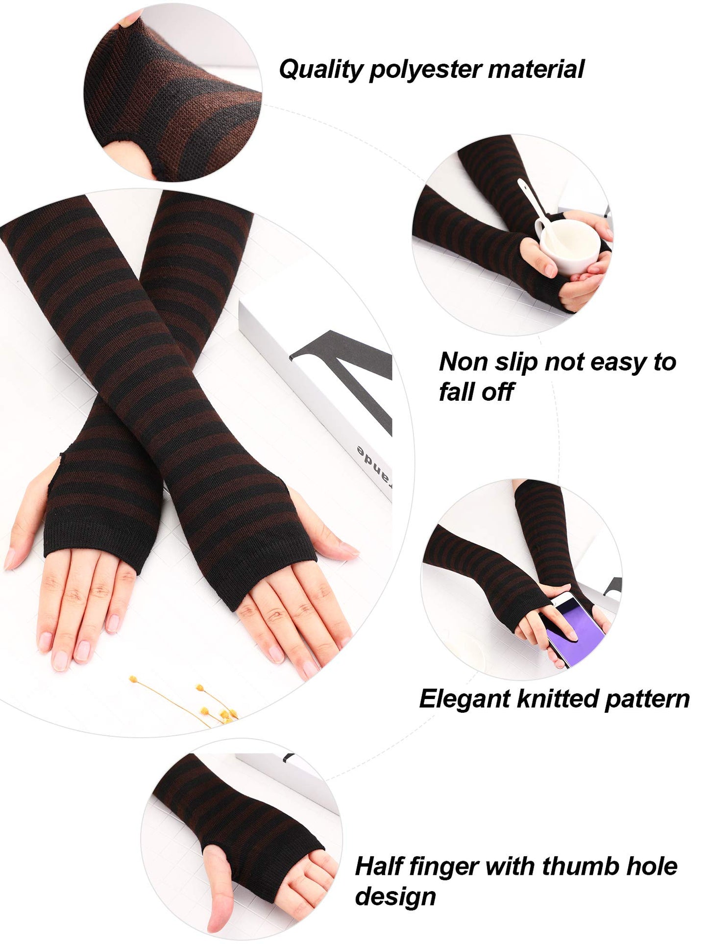 4 Pairs Women's Knit Arm Warmers - Long Fingerless Gloves, Elbow Length, Thumb Hole - Winter (Black, Grey, Blue, Coffee)