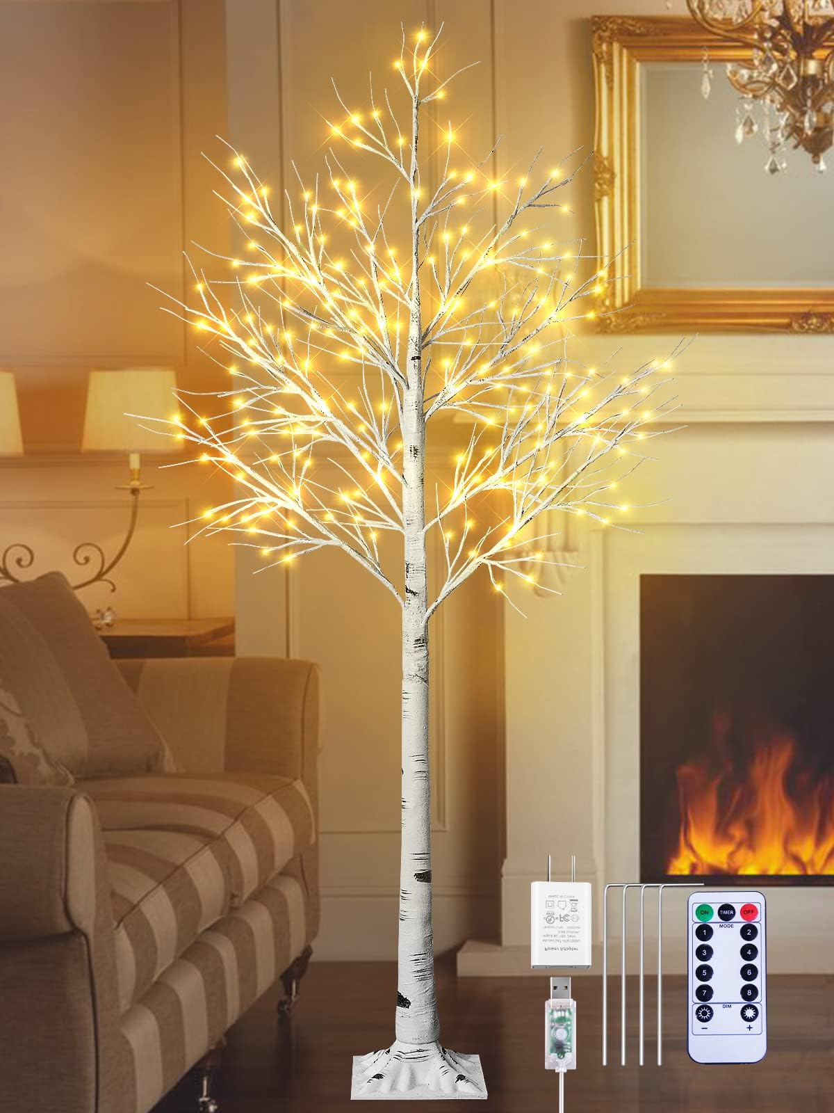 6Feet Birch Tree with Lights - 8 Modes Dimmable Fairy Lights with Remote 160 LEDs Warm White Wedding Festival Party Christmas Decorations for Home, Plug and Base Included