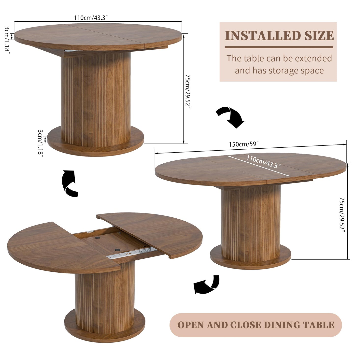 59 inch Adjustable Size Round Dining Table for 4 6, Unique Design Modern Farmhouse Kitchen Table, Fluted Base for Home Dining Room Living Room(Walnut)