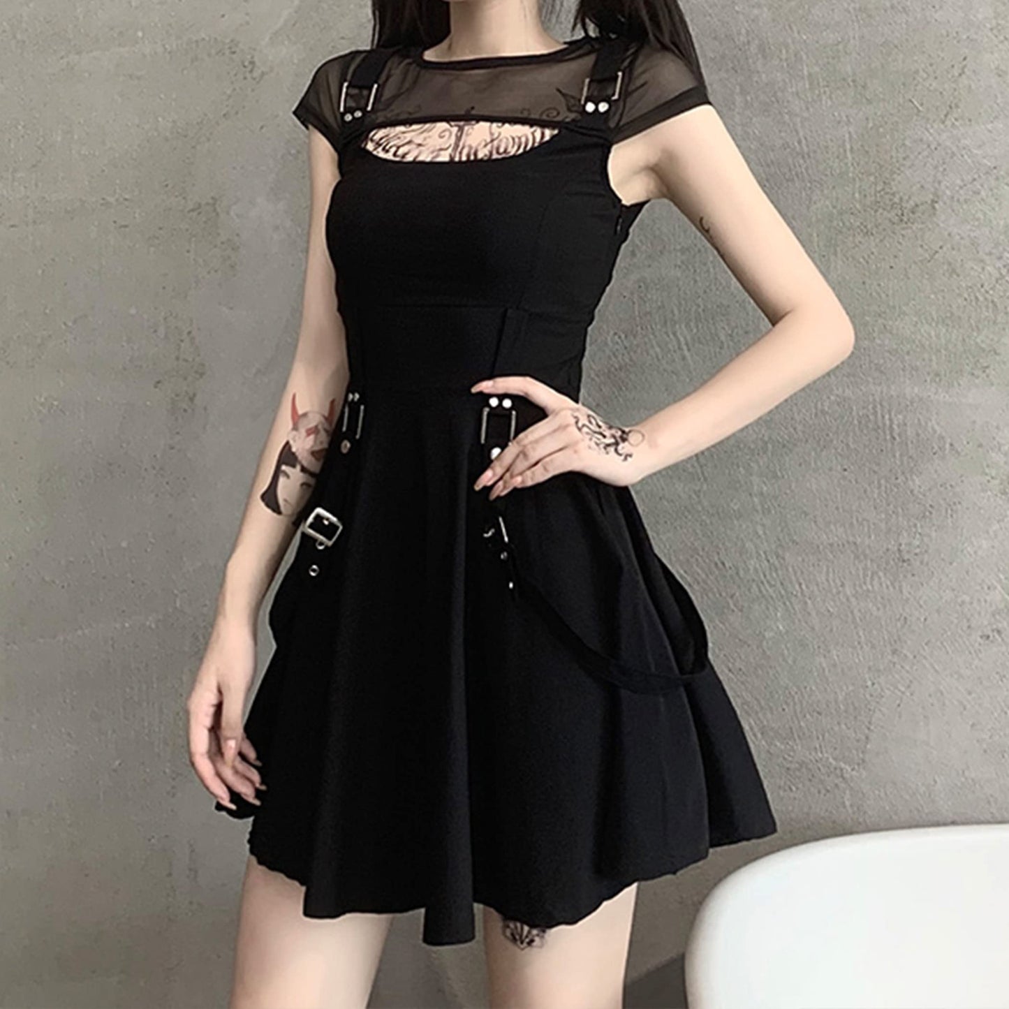 Women Gothic Dress Black mesh Summer Sexy Mini Dress Hipster Vintage high Waist Street Party Dress X-Large