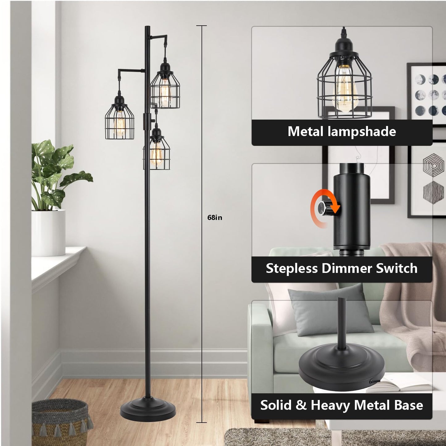 9MMML Floor Lamp for Living Room, Farmhouse Industrial Dimmable Floor lamp,3 Lights Metal Cage Tree Standing Lamp,68", 3Pcs Led Bulbs Included