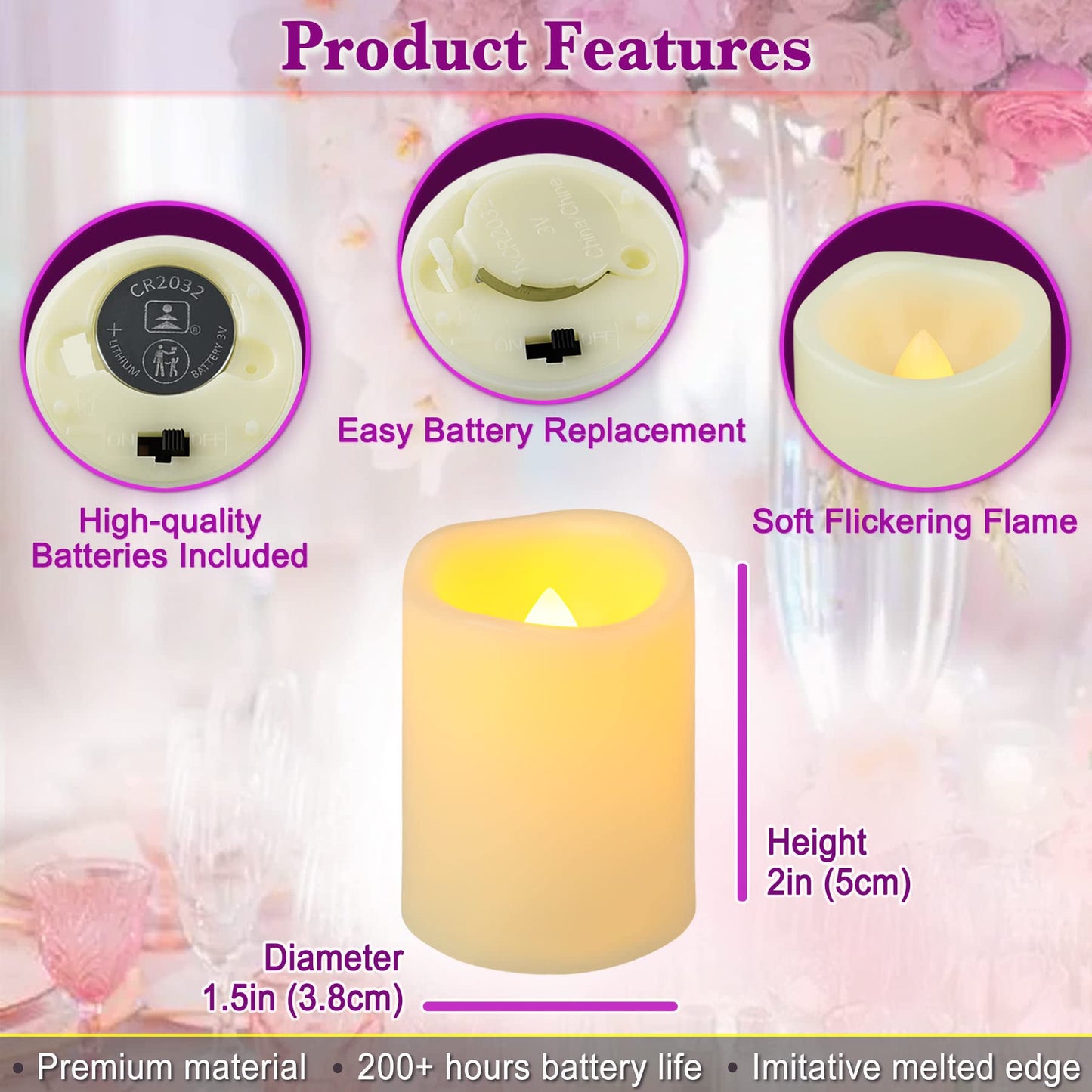 Yakpo 48 Pack 1.5" x 2" Votive Candles Battery Operated, Flameless Flickering LED Votive Tea Light Candles, Electric Powered Outdoor Flicker Candles Bulk for Holiday Wedding Halloween Home Decorations
