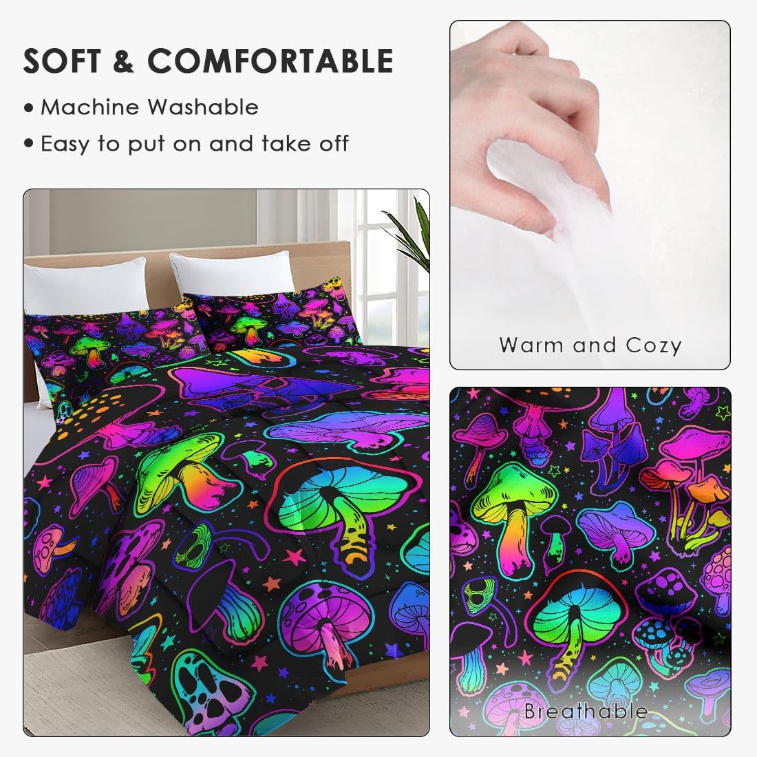WeCozy Queen Size Comforter Set with 2 Pillowcases, Summer Halloween Mushroom Neon Soft 3 Pcs Bedding for Kids and Adults Bedroom Bed Decor