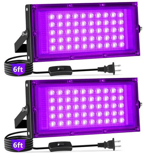 50W Black Lights with Switch+Plug, IP66 Waterproof, LED Blacklight Flood Light for Glow Party, Halloween, Bedroom, Fluorescent Poster, Body Paint, 2 Pack