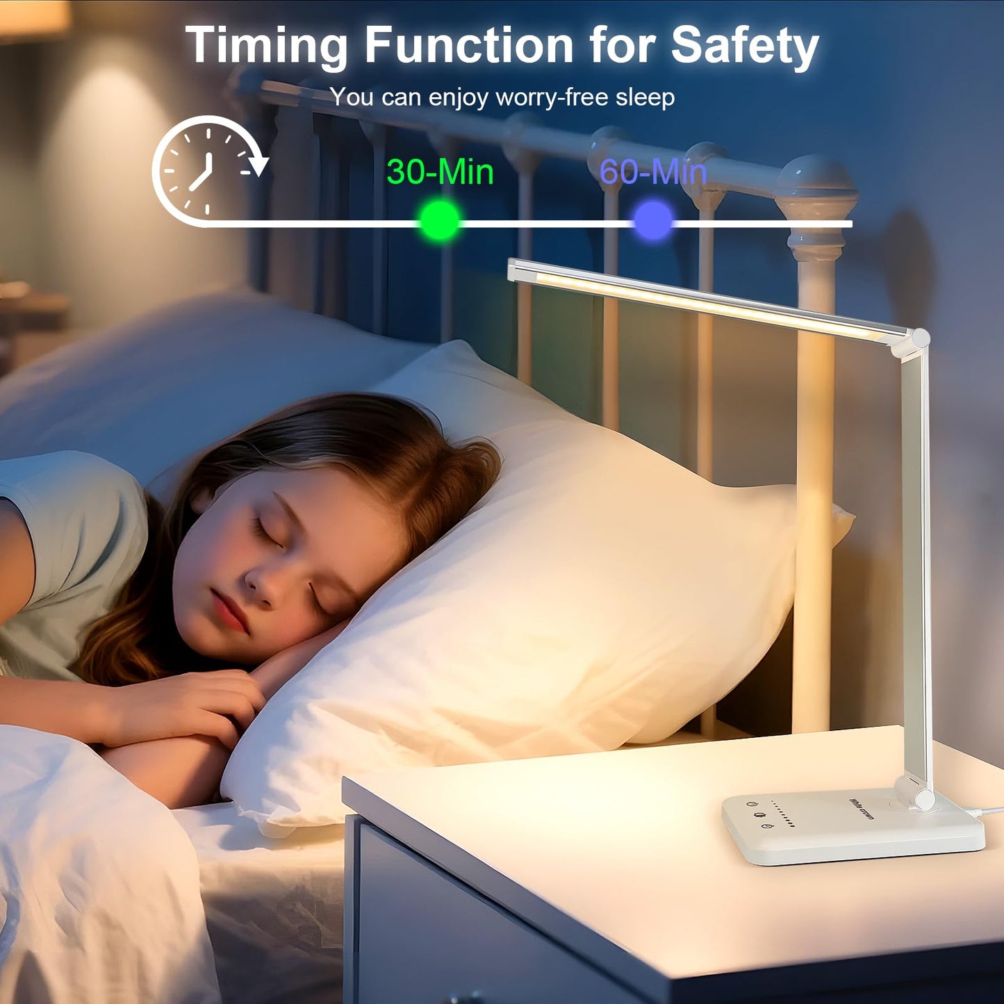 White crown LED Desk Lamp Dimmable Table Lamp Reading Lamp with USB Charging Port, 5 Lighting Modes, Sensitive Control, 30/60 Minutes Timer (White, First-Generation)