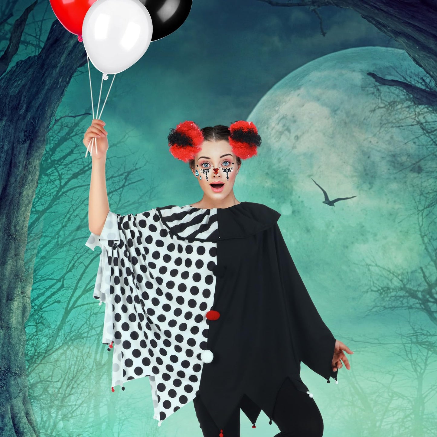 8 Pcs Women's Scary Poncho Clown Costume Set Includes Poncho Costume, Clown Wig, Stickers for Women Halloween Accessories(Large Size)