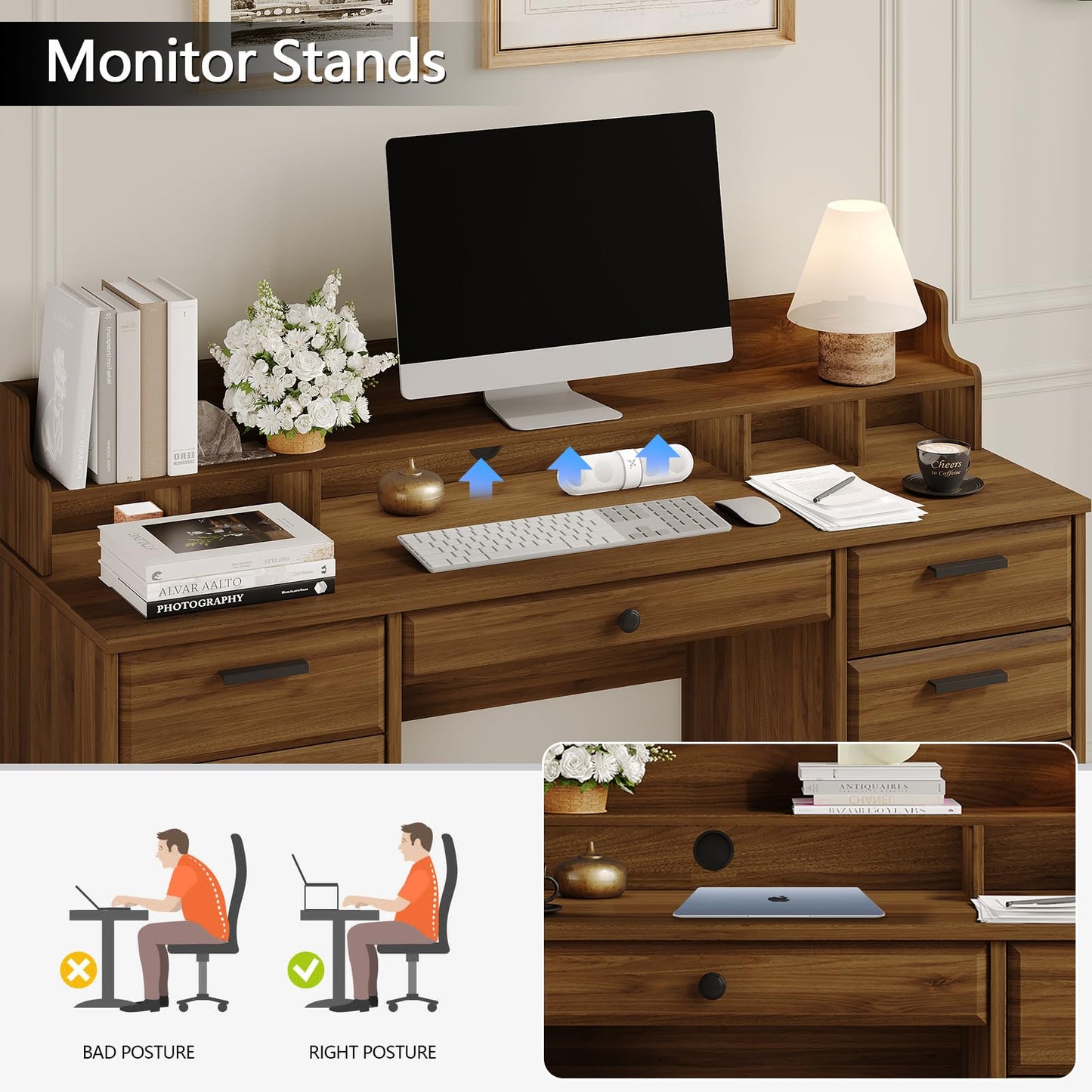 58 Inch Executive Desk with File Drawers, Computer Desk with Storage, Home Office Desk with Storage Cabinet for Bedroom, Rustic Brown