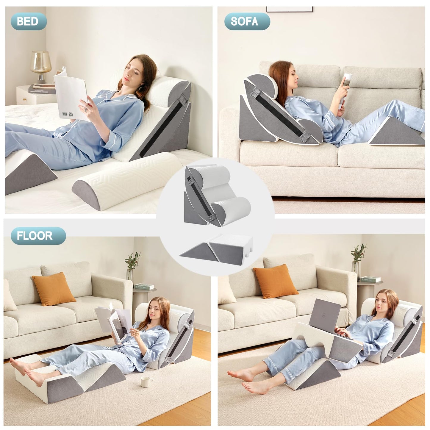 6pcs Orthopedic Bed Wedge Pillow Set for Sleeping, Post Surgery Foam for Body, Back and Leg Pain Relief Comfortable & Adjustable Support Pillows-Anti Snoring, Heartburn, Acid Reflux & GERD Sleeping