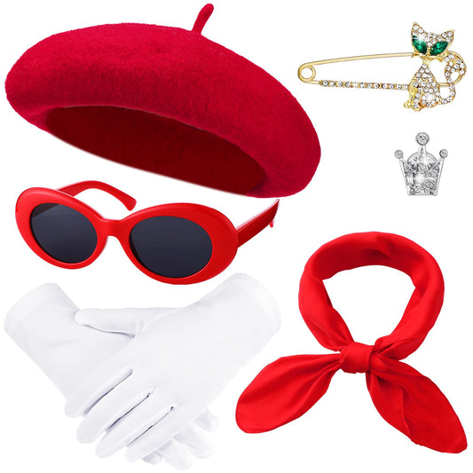 6 Pcs French Red Beret Hat Set Women Girls French Themed Party Accessories Retro Chiffon Scarf Oval Sunglasses Gloves Alloy Brooch for Costume Accessories