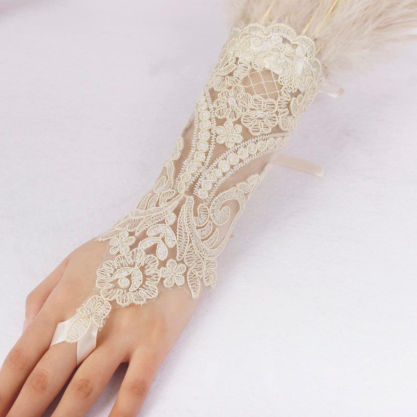 Women's Khaki Feather Lace Long Gloves Witch Spider Web for Halloween Pack of 2