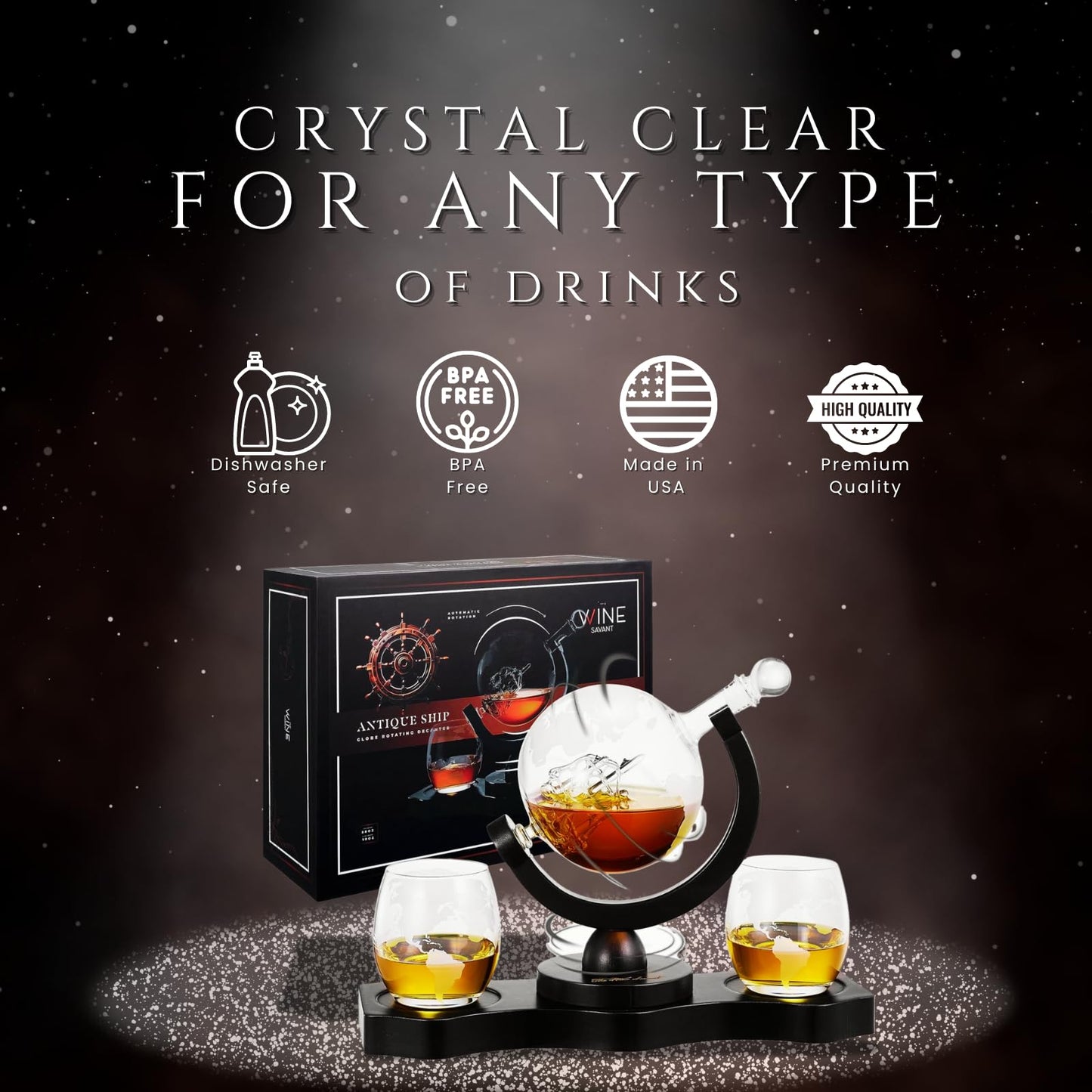 Whiskey Decanter Rotating Globe Set with 2 Etched Whiskey Glasses - Gifts Men Dad, Anniversary Birthday House Warming, Liquor Scotch Bourbon Vodka Gift Him Husband 850ml Ship Decanters, Electronic Set