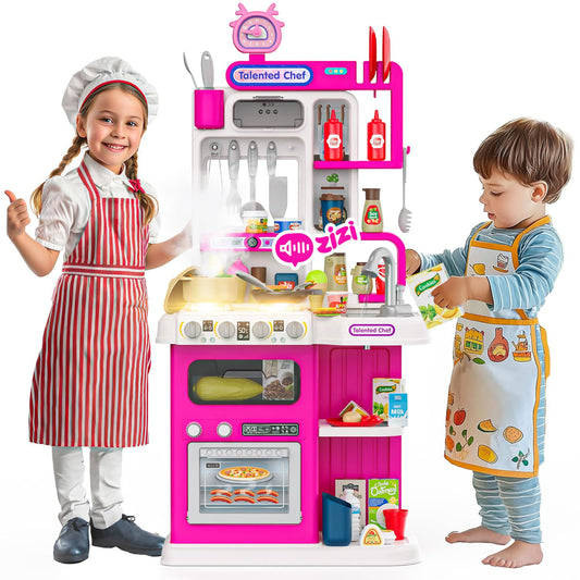 96PCS Kids Play Kitchen with Sound & Light, Cooking Stove with Steam, Play Food Toy Set for Boys and Girls (Pink)