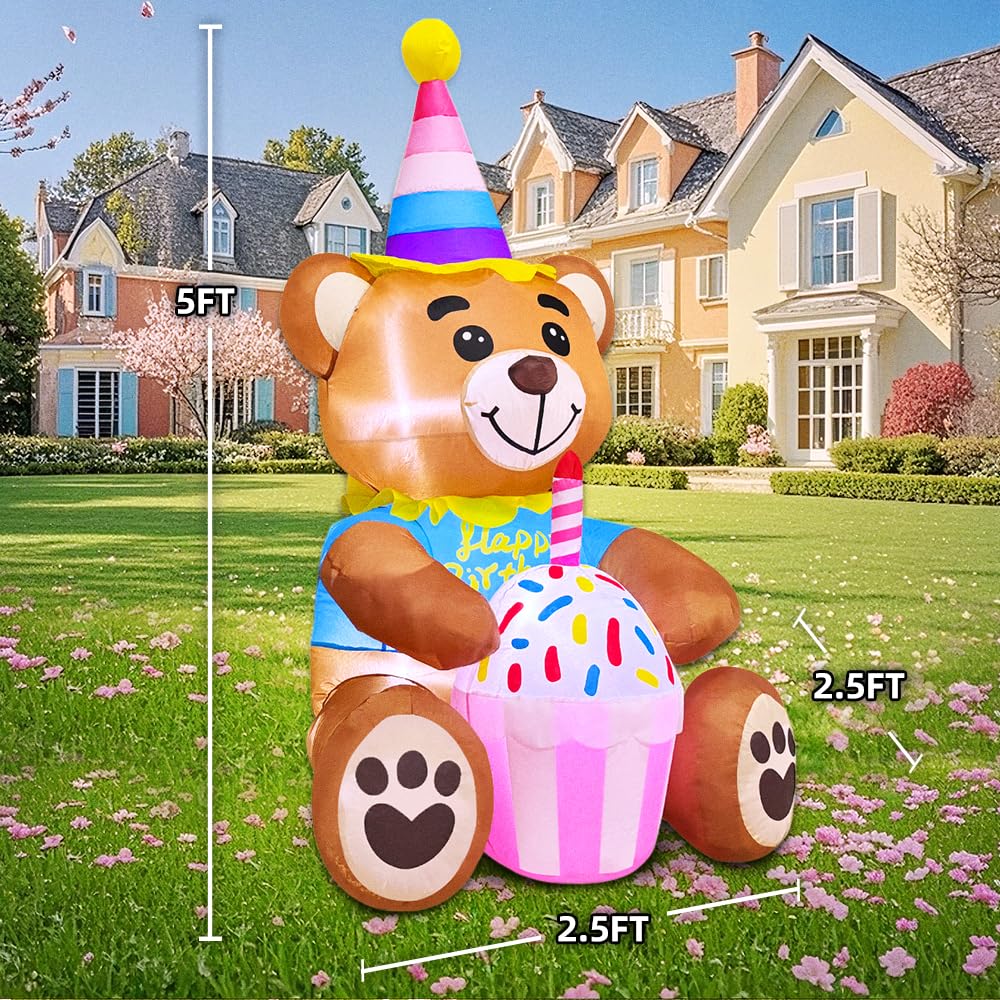 5FT Inflatable Bear with Birthday Cake Blow up Outdoor Yard Decorations, Built-in LED Lights for Holiday Party Garden Lawn Indoor Home Celebration