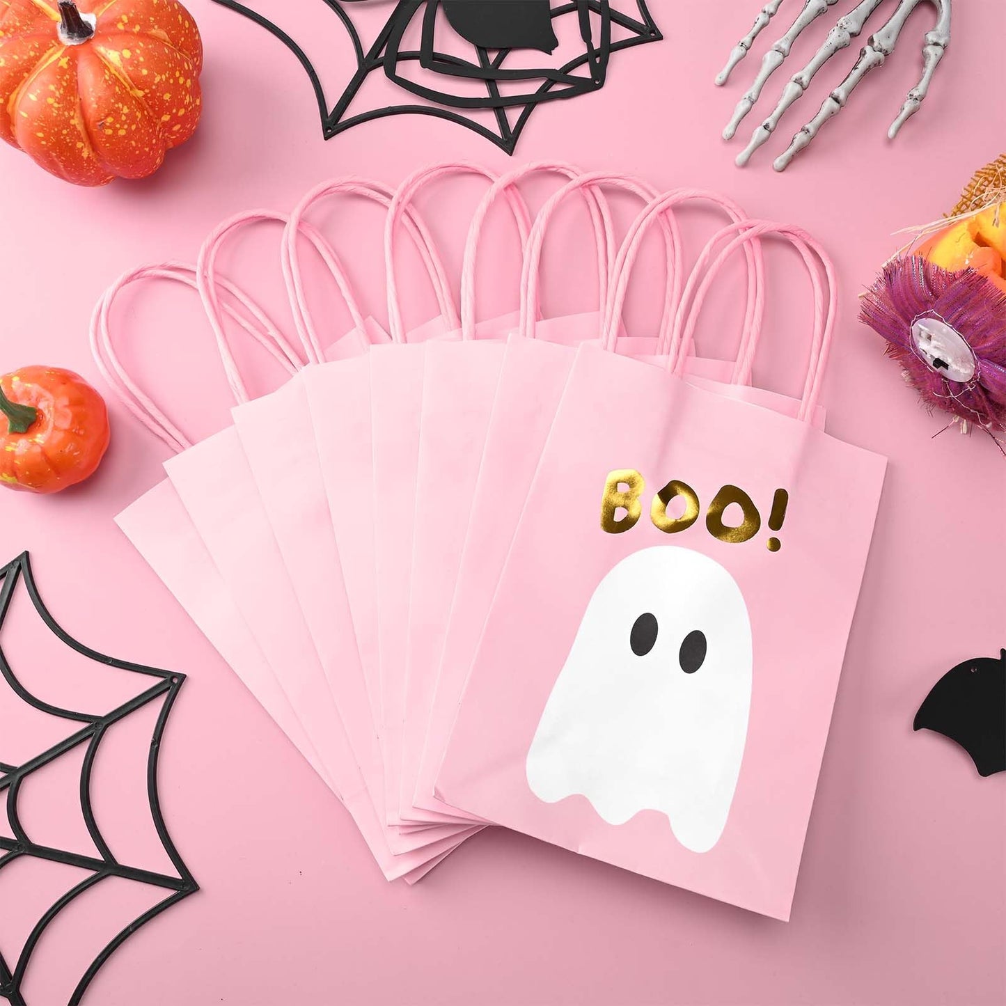 24Pcs Pink Halloween Paper Gift Bags with Handles Cute Ghost Boo Goodie Treat Bags for Halloween Baby Shower Party Trick or Treat Party Supplies