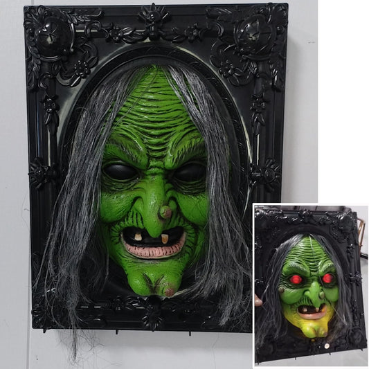 YDNRoar Sounds with Light Up Eyes & Creepy Witch-Halloween Party Prop Creepy Haunted House Funny Animatronics Talking Wall Display Hanging Spooky for Indoor Scary Picture Frame Decorations