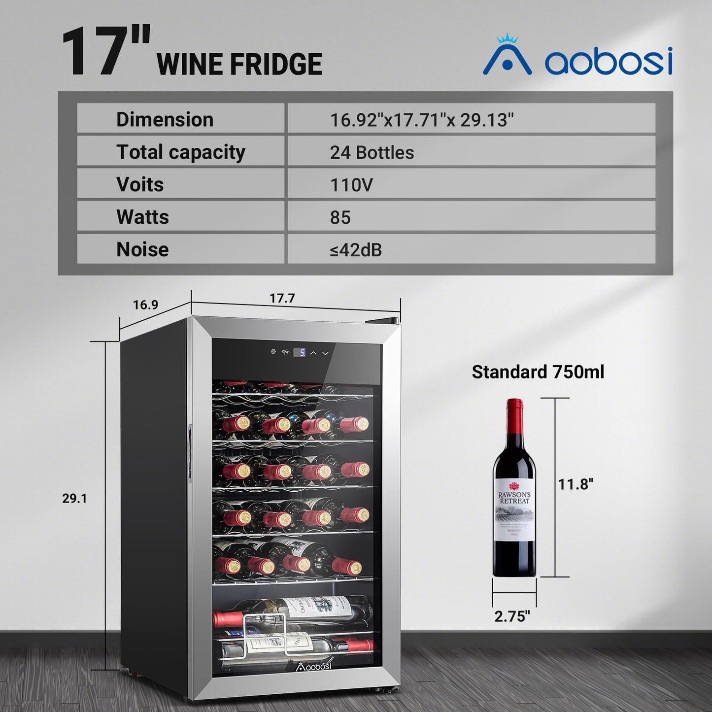 AAOBOSI 17 Inch Wine Cooler, 24 Bottles Wine Fridge, Wine Refrigerator Small with LED Display Light, Freestanding Wine Cellar with Low Noise Compressor, Adjustable Shelves