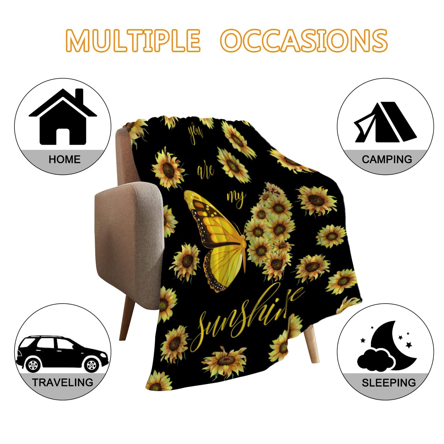 YeeJu Sunflower Throw Blanket Yellow Floral Butterfly Throw Blanket for Couch Sofa Bed Soft Gift for Women Fuzzy Plush Fleece Blankets Black Spring Summer Flower Decorations Blanket 50x60