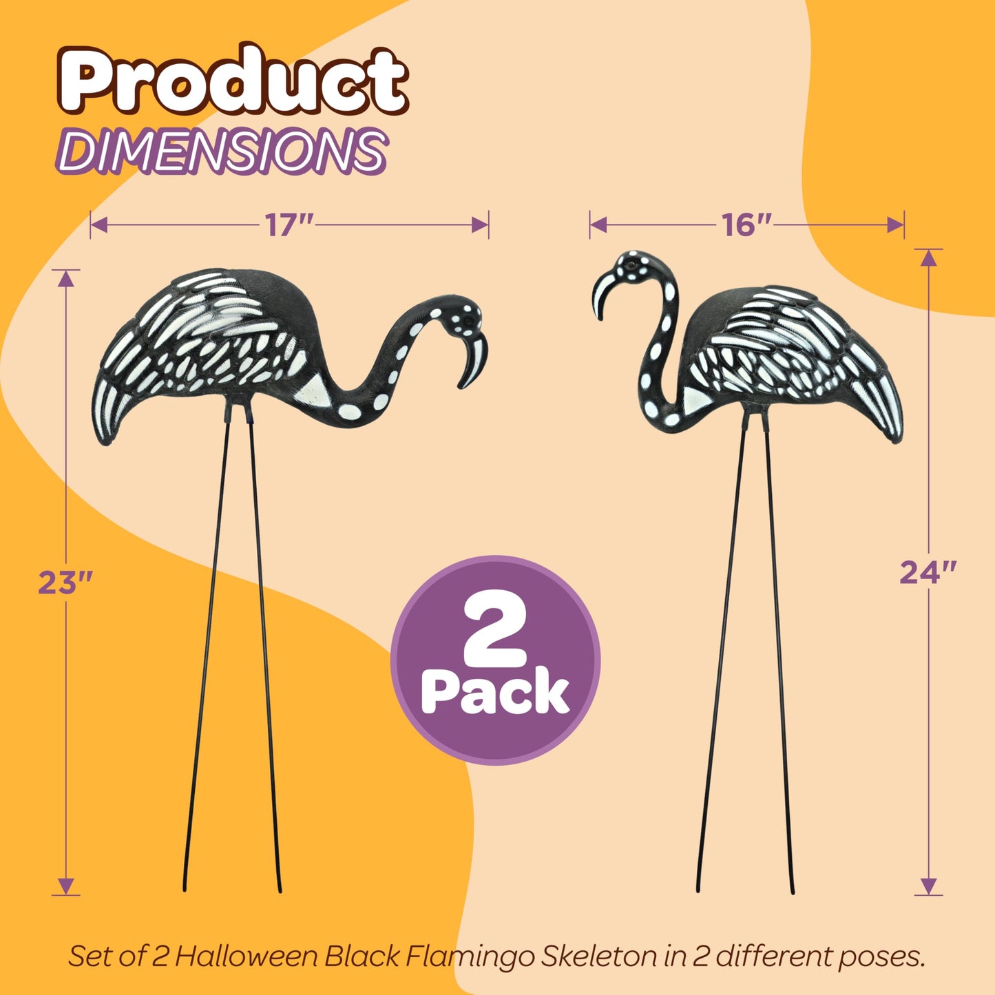 4E's Novelty Set of 2 Black Skeleton Flamingo Lawn Ornaments with Stakes for Halloween Outdoor Decorations