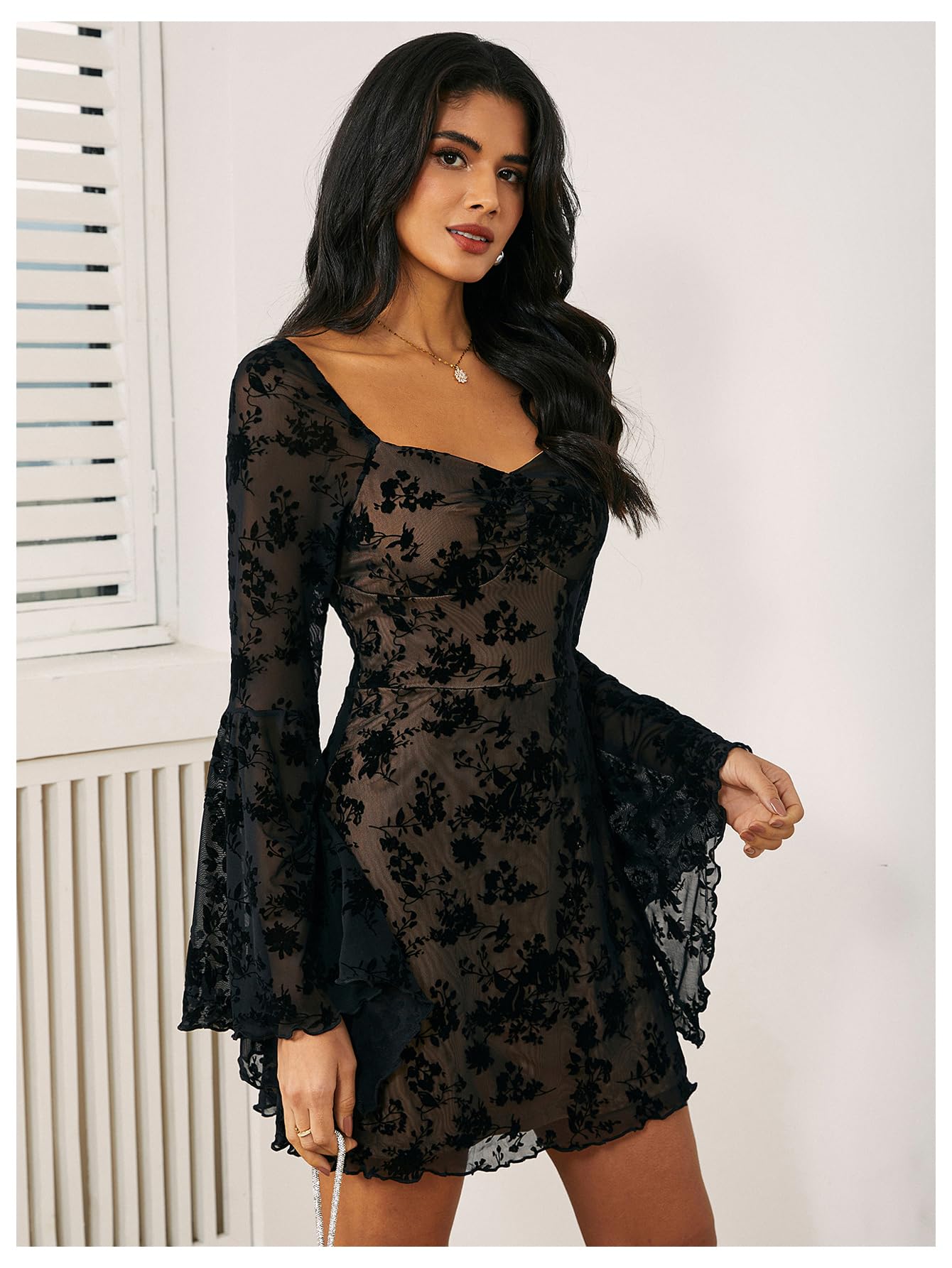 WDIRARA Women's Floral Jacquard Mesh Gothic Dress Bell Long Sleeve A Line Vintage Dresses Black Large