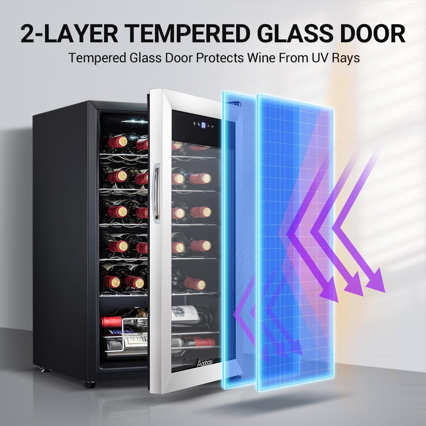 AAOBOSI 17 Inch Wine Cooler, 24 Bottles Wine Fridge, Wine Refrigerator Small with LED Display Light, Freestanding Wine Cellar with Low Noise Compressor, Adjustable Shelves