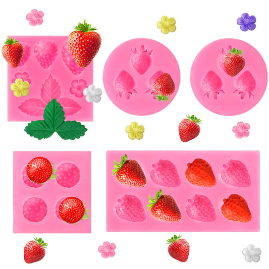 5 Pcs 3D Strawberry Baking Mold DIY Silicone Fruit Fondant Chocolate Mold for Cupcake Shortcake Cake Topper Decoration Candy Jelly Clay