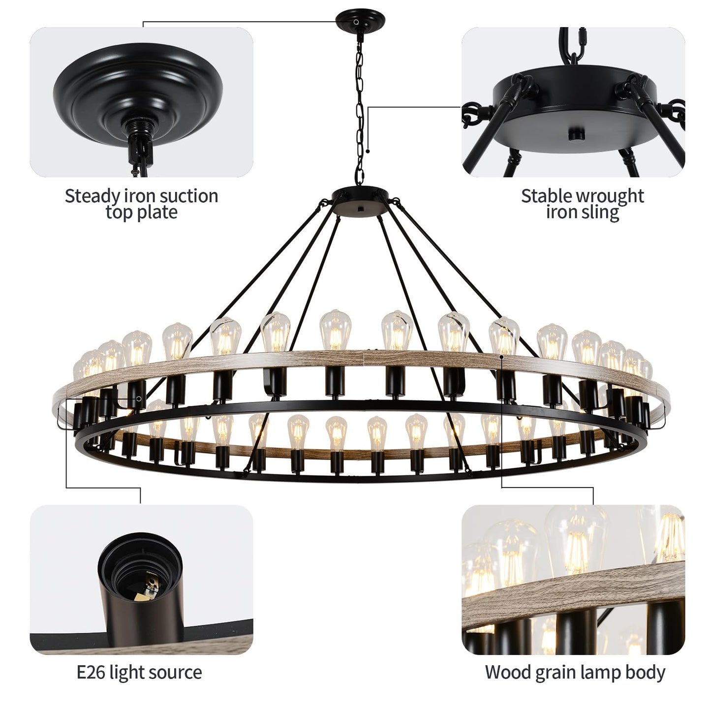 Wagon Wheel Chandelier 60-Inch 36-Light, Black and Oak Wood Tone Finish Round Rustic Farmhouse Chandelier Extra Large for High Ceilings, Living Room Foyer