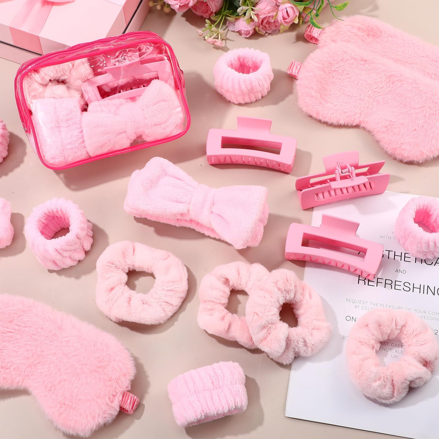 Wavyknot 42 Pcs Spa Sleepover Party Supplies Include 6 Sleep Eye Mask 6 Spa Headband 12 Wrist Washband 6 Velvet Scrunchies 6 Hair Claw Clips 6 Clear Cosmetic Bags for Girls Slumber Party Favors Gift