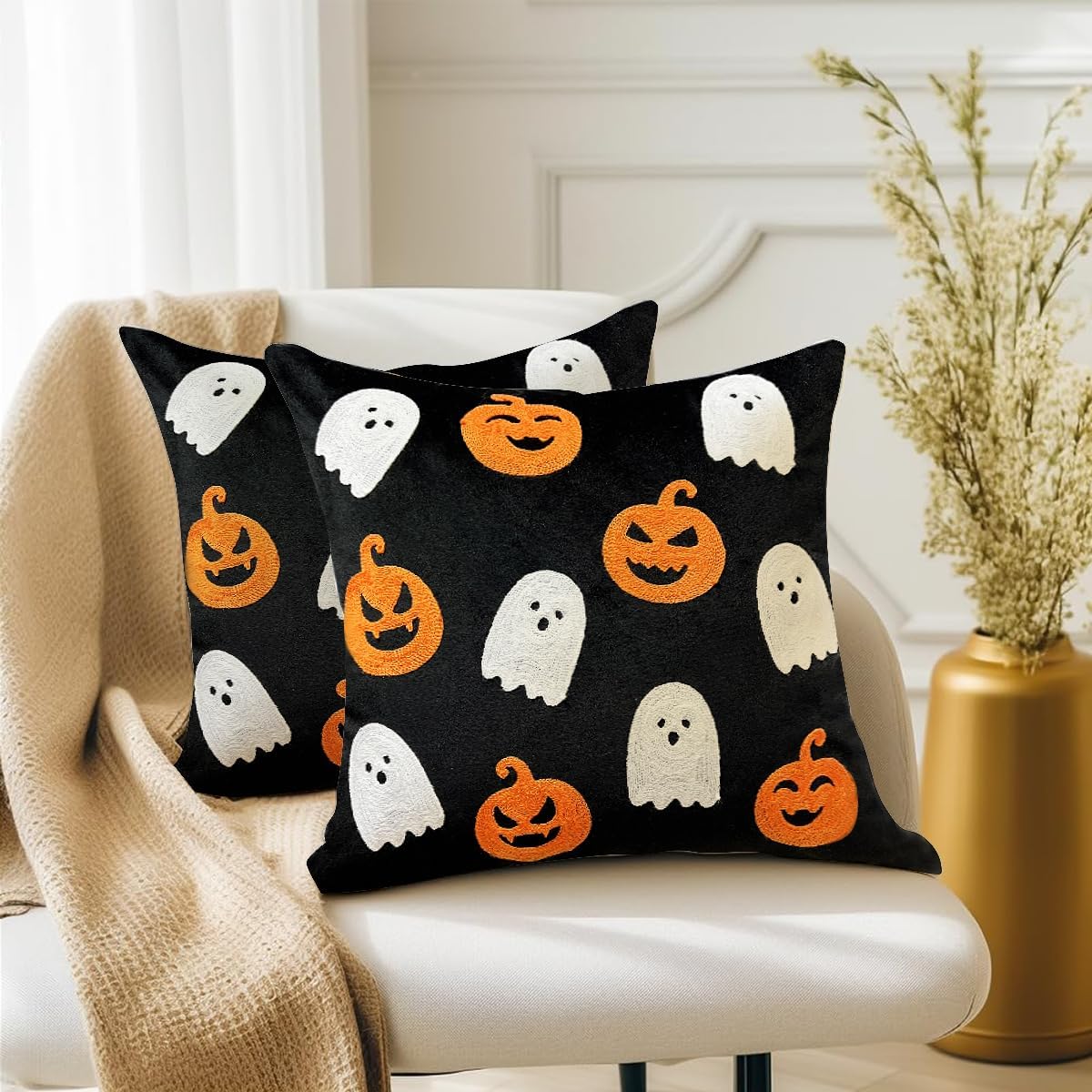 WOKANI Halloween Throw Pillow Covers 18x18 Set of 2 Ghost Pumpkin Decorative Embroidery Velvet Cushion Cases Decor Home Decorations for Couch Patio Furniture Bedroom Livingroom Sofa Porch, Black